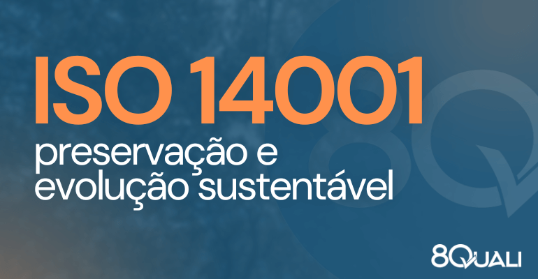 Arte capa com a frases "ISO 14001: preservação e desenvolvimento sustentável" em laranja sobre fundo azul.