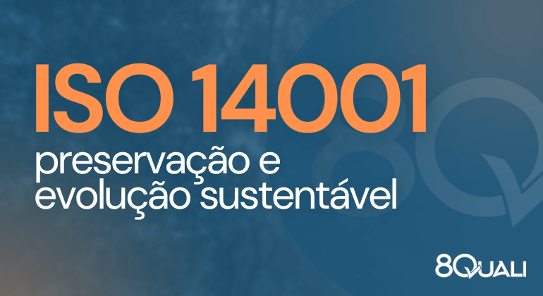 Arte capa com a frases "ISO 14001: preservação e desenvolvimento sustentável" em laranja sobre fundo azul.