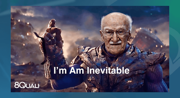 Meme com Juran fantasiado de Thanos eu sua pose epíca de "Eu sou inevitável", representando uma brincadeira com os Custos da Qualidade Inevitáveis.