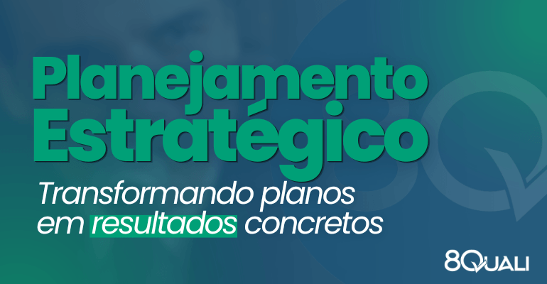 Banner azul com a seguinte frase escrita em verde claro: "Planejamento estratégico: transformando planos em resultados concretos"