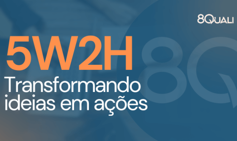 Imagem de fundo azul com a frase "5W2W: transformando ideias em ações" escrita em laranja e a logo da empresa 8Quali