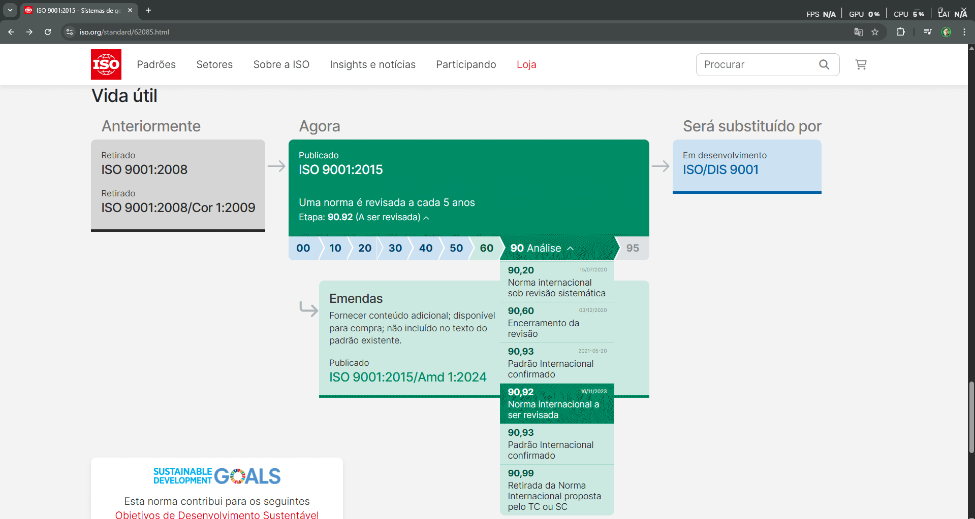 Print do Ciclo de vida da ISO 9001 (já com a ISO 9001:2026 em desenvolvimento), disponível na página da 9001 no site da ISO.