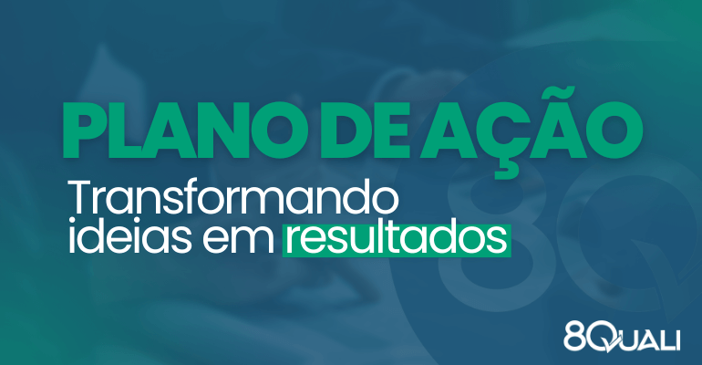 Banner azul com a frase "Plano de Ação: transformando ideias em resultados" escrita em verde claro.