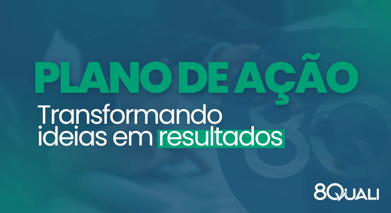 Banner azul com a frase "Plano de Ação: transformando ideias em resultados" escrita em verde claro.