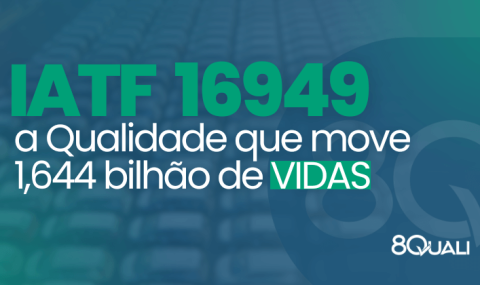Banner azul com a frase "IATF 16949 – a Qualidade que move 1,644 bilhão de VIDAS" escrito em verde claro - 8Quali. P.s.: texto sobre o que é e como Qualificar Fornecedores na IATF 16949.