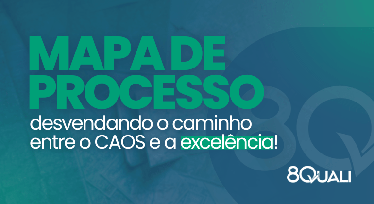 Banner azul com o texto "Mapa de Processo: desvendando o caminho entre o caos e a excelência" escrito em branco.