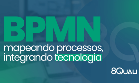 Banner azul com a frase "BPMN: mapeando processos, integrando tecnologia" escrita em verde claro. Representando o objetivo maior do Business Process Model and Notation.
