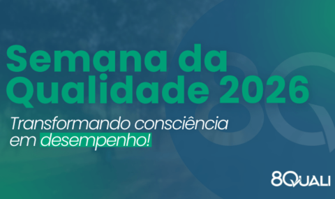 Banner Azul com a seguinte frase escrita em verde: "Semana Mundial da Qualidade 2026 - Qualidade: Impulsionando o Desempenho"