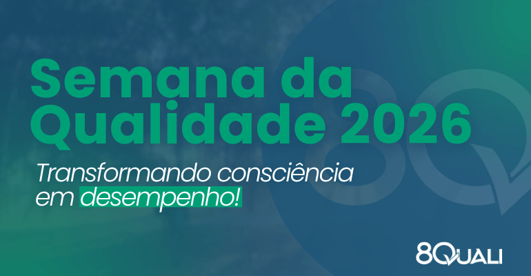 Banner Azul com a seguinte frase escrita em verde: "Semana Mundial da Qualidade 2026 - Qualidade: Impulsionando o Desempenho"