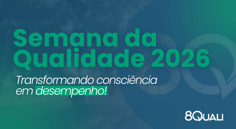 Banner Azul com a seguinte frase escrita em verde: "Semana Mundial da Qualidade 2026 - Qualidade: Impulsionando o Desempenho"