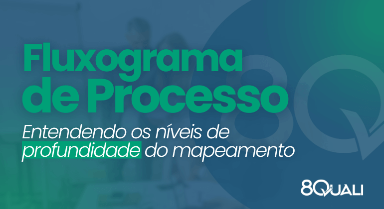 Banner azul com a seguinte frase escrita em verde: " Tipos de Fluxograma de Processo: entendendo os níveis de profundidade no mapeamento"