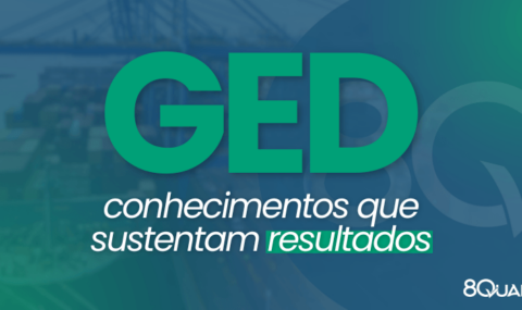 Banner azul com a seguinte frase escrita em verde: "Gestão Eletrônica de Documentos - conhecimentos que sustentam resultados"