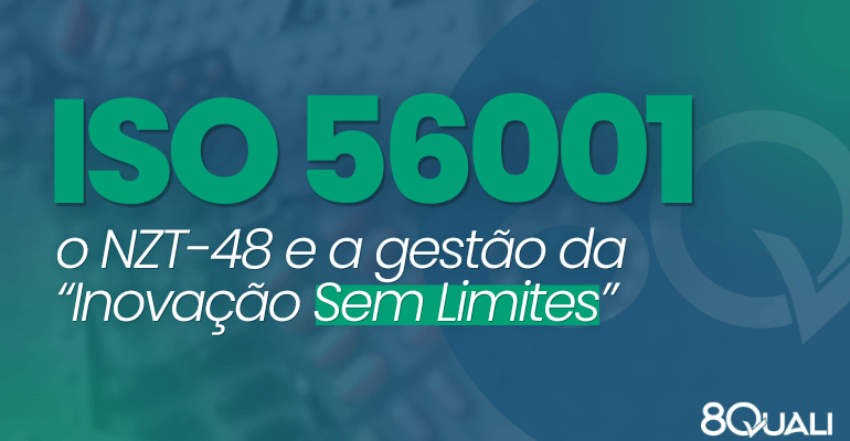 Banner Azul com a seguinte frase escrita em verde claro: "ISO 56001: o NZT-48 da Inovação Sem Limites"