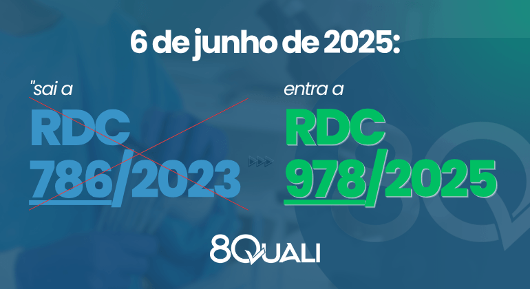 Banner azul com a seguinte frase escrita em verde claro:"RDC 978/2025, a substituta da RDC 786/2023"