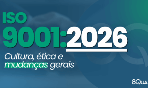 Banner azul com a seguinte frase escrita em verde claro: "Nova ISO 9001:2026 - Cultura, ética e mudanças gerais"