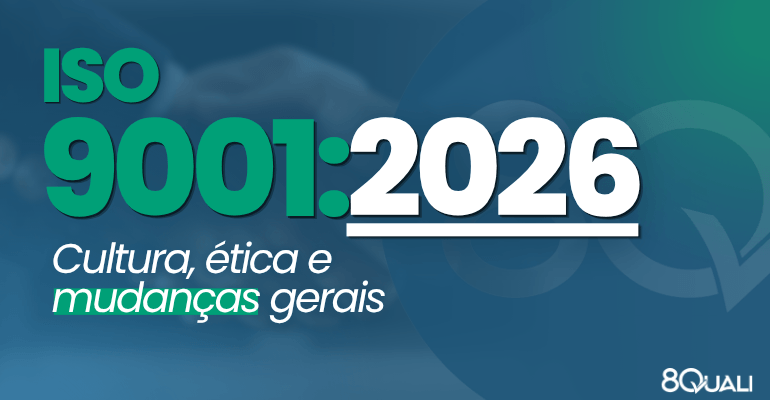 Banner azul com a seguinte frase escrita em verde claro: "Nova ISO 9001:2026 - Cultura, ética e mudanças gerais"