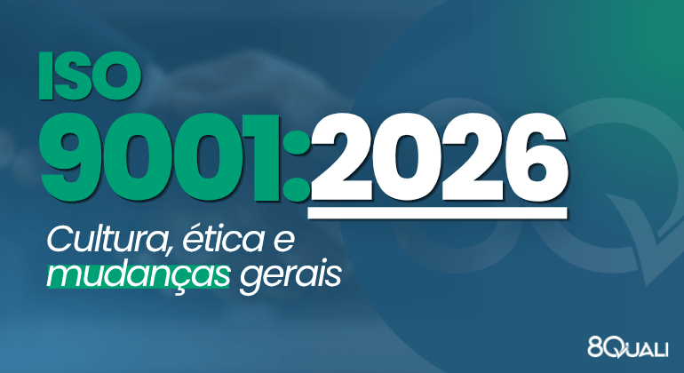 Banner azul com a seguinte frase escrita em verde claro: "Nova ISO 9001:2026 - Cultura, ética e mudanças gerais"